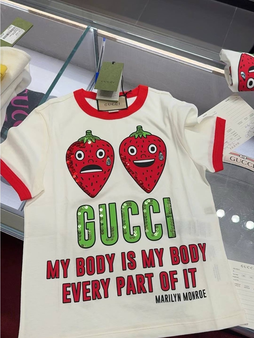 Gucci women White & Red Strawberry Graphic T-Shirt